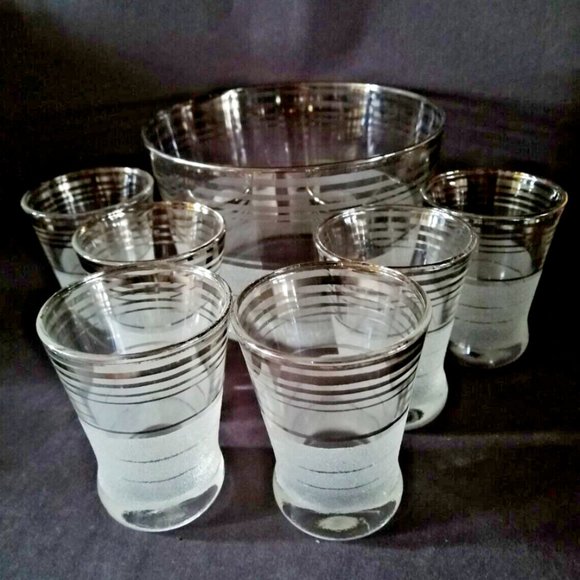 Vintage Art Deco FROST Nip Platinum Band Cocktail Glasses 3¼" and Ice Bowl - Picture 1 of 5